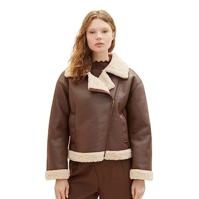 Image of TOM TAILOR Denim Women&#039;s Sherling Leather Jacket, 19714 roasted Coffee Brown, XL