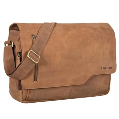Image of STILORD &#039;Marlon&#039; Leather Bag Men Business University Vintage Shoulder Crossbody Messenger Laptop 15.6 inches in Genuine Leather, Colour:Dijon Brown