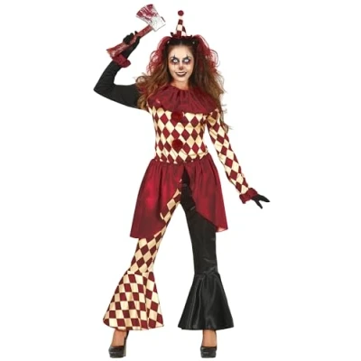 Image of FIESTAS GUIRCA Horror Clown Harlequin Outfit Shirt with Flare Pants Fancy Dress Costume Adult Woman Size M 10 12