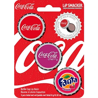 Image of Lip Smacker Coca Cola Collection, Set of 3 Flavoured Balms, Classic Coke, Cherry Coke and Fanta Strawberry Flavours, Moisturizing Refreshing