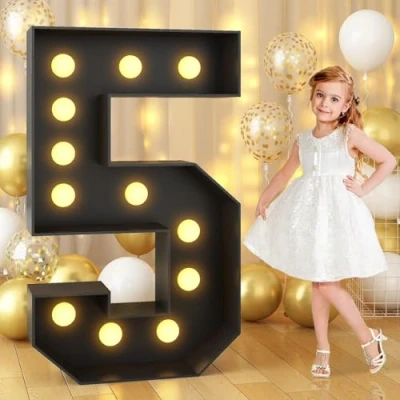 Image of Black Marquee Light Up Number 5, Letter LED Sign Pre cut Foam Glowing Mosaic Decor for Birthday Proposal Anniversary Wedding, 120CM/4FT