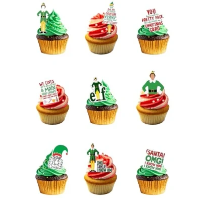 Image of 36 Stand Up Christmas ELF Themed Edible Wafer Paper Cake Toppers Decorations