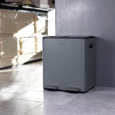 Image of CHARLES BENTLEY Kitchen Bin, 30 Litre, Double Compartment, Grey, Rubbish Waste Pedal Recycling Bins for Kitchen, Function, Soft Close Lid (47.5x41x38.5cm)