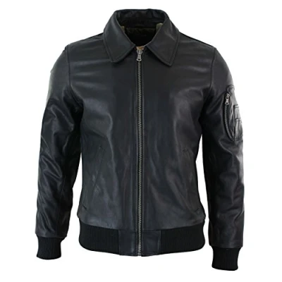 Image of Mens Genuine Real Leather Harrington Bomber MA1 Classic Pilot MOD Jacket Black