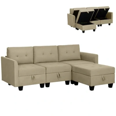 Image of HOMCOM Convertible Modular Sectional Sofa with Storage, Tufted 3 Seater Set, L Shaped Couch Ottoman, Wood Frame for Living Room, Light Brown