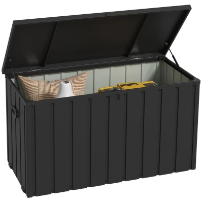 Image of Outsunny 450 Litre Garden Storage Box, Outdoor Box with Wheels and Handles, Lockable Galvanised Steel Outside Deck Organiser for Tools, Cushions, Dark Grey