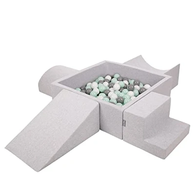 Image of KiddyMoon Foam Playground For Kids With Square Ballpit (300 Balls ∅ 7Cm/2.75In) Soft Obstacles Course And Ball Pool Made In EU, Lightgrey:White/Grey/Mint