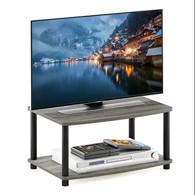 Image of Furinno Turn N Tube No Tools 2 Tier Elevated TV Stands, Oak Grey/Black, 60.5 (W) x 27.9 (H) 40.1 (D) cm