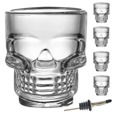 Image of FLX Tequila Shot Glasses. Set of 4. Skull Design. Crystal Clear Glass. Durable. 50ml. Freezer Safe