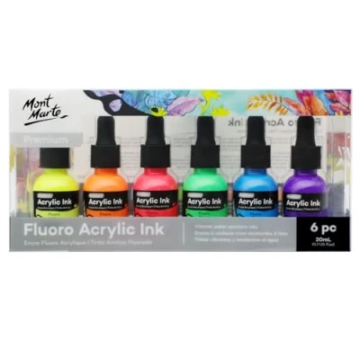 Image of Mont Marte Acrylic Ink Premium 6pc x 20ml (0.7 US fl.oz), Inks for Artists, Fluoro Colours, Ideal Air Brush, Pouring Art, Scrapbooking, Drawing, Mixed Media.