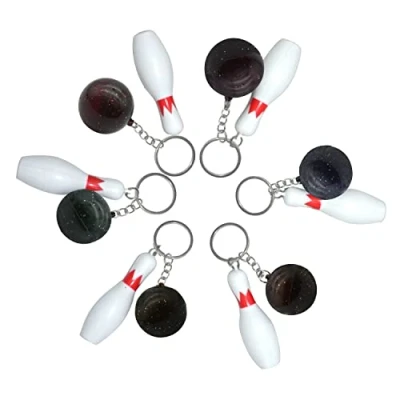 Image of HOVUK® 6x Keychains Attached Coloured Ball with Icon of White Bowling Pin, Lightweight Keyrings, Pendant Decoration for Keys, Phone or Bag, Best Gift Kids 4+Years
