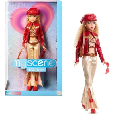 Image of Barbie Signature My Scene Doll and Accessories, in Y2K Inspired Outfit with Pleather Jacket, Flare Pants, Saddle Bag Stand, HYC17