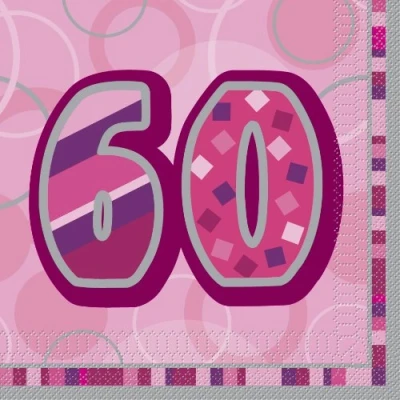 Image of Unique Party 28443 Glitz Pink 60th Birthday Paper Napkins, Pack of 16