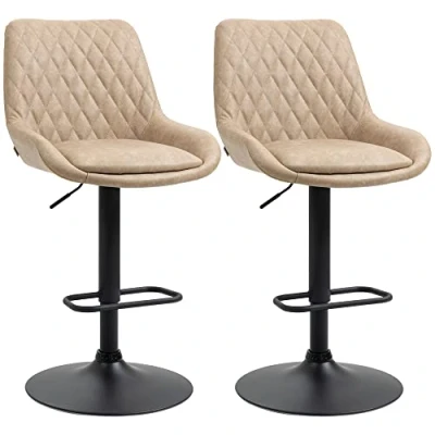 Image of HOMCOM Breakfast Bar Stools Set of 2 with 51x40cm Wide Seat, Height Adjustable Kitchen Counter Chairs, Retro Swivel Upholstered Barstools Back, Footrest and Steel Base, Light Khaki