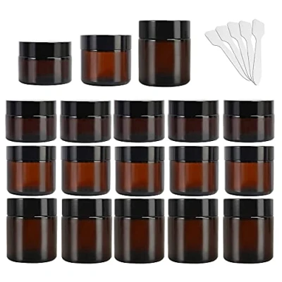 Image of Yishik 15 Pack Amber Glass Jar, 1 oz 2 4 Round Empty Cosmetic Containers, Refillable Travel Containers with Black Lids and White Inner Liners