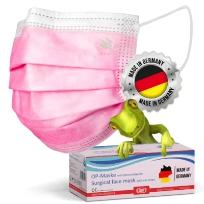 Image of kela, Pack of 50 Surgical Mask Pink 100% Made in Germany Medical Mouth Nose Protection Disposable CE Certified DIN EN 14683 Type IIR BFE 99.88% 3 Ply