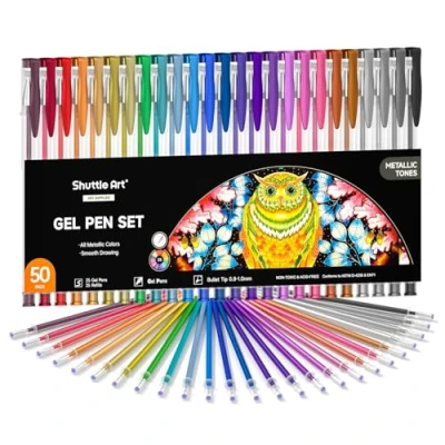 Image of Shuttle Art 50 Pack Metallic Gel Pens, 25 Pens Set with Refills Perfect for Adult Colouring Books Doodling Drawing Markers