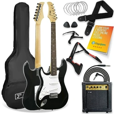 Image of 3rd Avenue Full Size 4/4 Left Handed Electric Guitar Kit in Black + 1 Month FREE Ultimate Pro &amp; Courses 10W Amp, Cable, Stand, Gig Bag, Strap, Strings, Picks, Capo