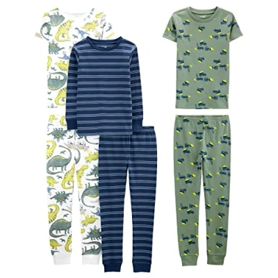 Image of Simple Joys by Carter&#039;s Boy&#039;s 6 Piece Snug Fit Cotton Pajama Set, Blue/Green/Dinosaur, 5 Years (Pack of 3)