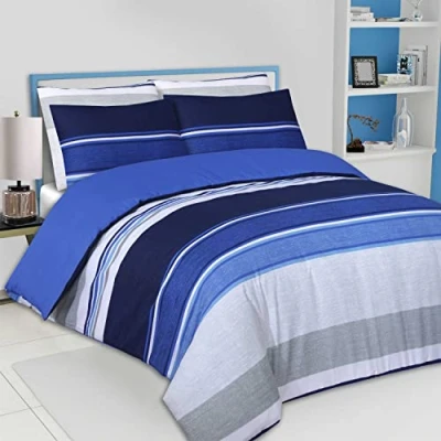 Image of Blue Charcoal Grey Stripe King Duvet Cover, Reversible Easy Care Poly Cotton Bedding With Pillow Cases (BLUE, King)