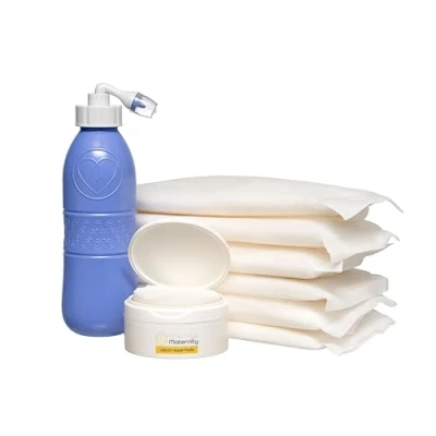 Image of First Days Maternity The Original UK Instant Perineal Cold Packs with Witch Hazel Pads and Peri Bottle, Ideal for Postpartum Recovery, Pack of 6 Packs, 40 Pads, Blue Bottle