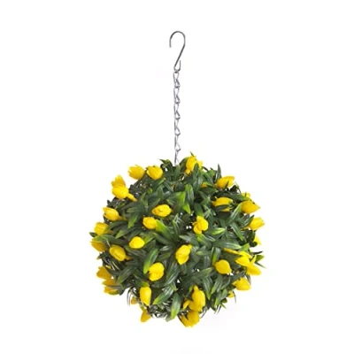 Image of Best Artificial TULIP Flower Ball Lush Long Leaf Topiary Grass (24cm, Yellow)