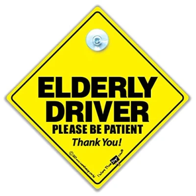 Image of Elderly Driver Please Be Patient Car Sign, Suction Cup Sign For Drivers, Baby On Board Style Advisory Old Drivers in Super Bright Yellow and Black 14cm x 2cm