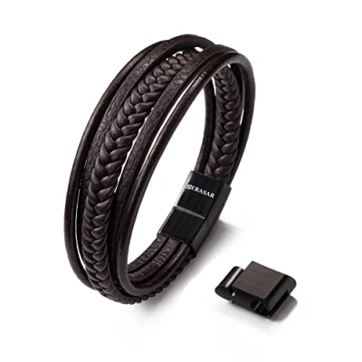 Image of SERASAR Mens Bracelets [Braid] Brown 17cm for Men Jewelry Leather Bracelet Stainless Steel Friendship Magnetic Wristband Boyfriend Gift Jewellery Box Gifts Son