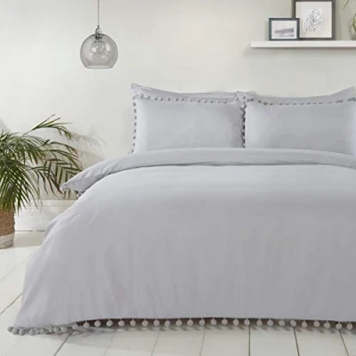 Image of Sleepdown Pom Silver Luxury Easy Care Plain Duvet Cover Quilt Bedding Set with Pillowcases Super King (220cm x 260cm), Polyester