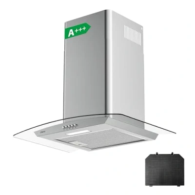 Image of CIARRA CBCS6506B Curved Glass Cooker Hood 60cm 650 m3/h Chimney Hoods with 3 Speed Recirculating Ducting Kitchen Ventilation Extractor Fan Carbon Filter