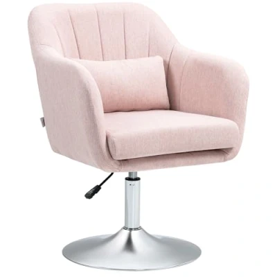 Image of HOMCOM Swivel Linen Fabric Accent Chair for Living Room Contemporary Vanity Armchair with Adjustable Height Thick Cushion Lumbar Support Armrest Bedroom Office Pink