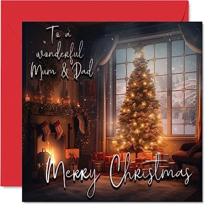 Image of Traditional Happy Christmas Card for Mum Dad Merry to &amp; Xmas from Son Daughter Child, 145mm x Single Seasonal Greeting Cards Gift