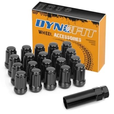 Image of dynofit 1/2x20 Wheel Lug Nuts, 20 x Black Chrome 1/2&#039;&#039; Aftermarket nut with 1 Key, 60 Degree Conical/Cone Bulge Seat, 6 Spline Lugnuts 1.38&quot; Tall 3/4&quot; Hex for 5 Tuner Rims Trailer
