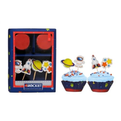Image of Premier Housewares Rocket Cupcake Cases and Toppers 48 Pieces Cake Muffin Reusable Mini