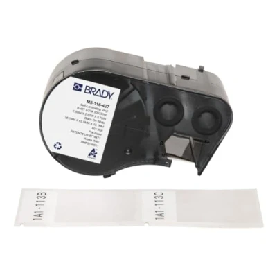 Image of Brady Self Laminating Vinyl Pre Sized Labels for Label Printer BMP51/BMP53/M511 80 Adhesive Black on White, Transparent (38,10 mm (W) x 63,50 (H)) M5 116 427