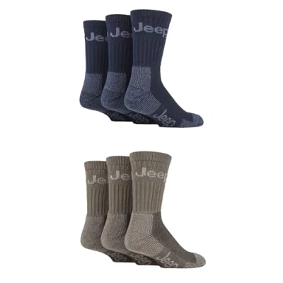 Image of Jeep Mens Cotton Boot Socks Luxury Terrain Calf Length Plain with Logo,Ribbed, Cushioned &amp; Chunky for Walking, Hiking, Trekking the Outdoors Size 6 11 Pair Multipack Navy/Sand