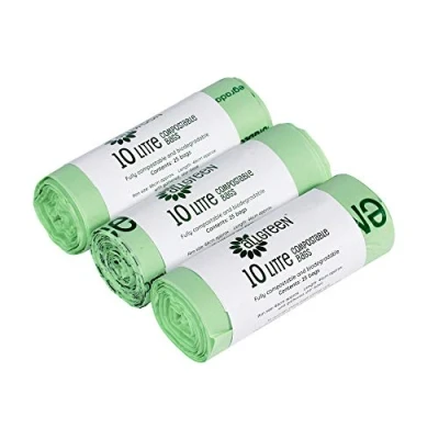 Image of 10 Litre x 75 All Green Compostable Bags Kitchen Caddy Liner Food Waste Bin Liners EN 13432 10L with Composting Guide
