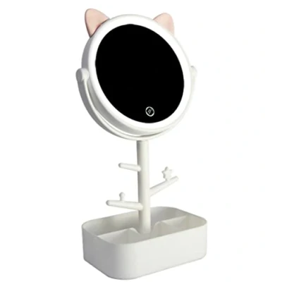 Image of AOOPOO Lighted Makeup Mirror Rechargeable with Cute Cat Ears Shape Touch Screen Cosmetic Vanity Mirror, Light Up Desktop Adjustable Brightness (White)