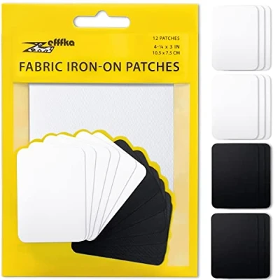 Image of ZEFFFKA Fabric Iron on Patches Inside &amp; Outside Strongest Glue 100% Cotton Black and White Repair Decorating Kit 12 Pieces Size 3&quot; by 4 1/4&quot; (7.5 cm x 10.5 cm)