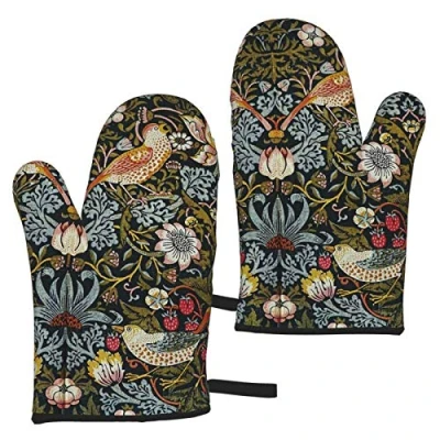 Image of Oven Gloves Strawberry Thieves by William Morris Mitts,Heat Resistant Cooking Glove Microwave Baking Mitts (1 Pair)