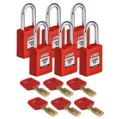 Image of Brady SafeKey Nylon Padlock, Steel Shackle, 38mm x 84mm 19mm, Red, Pack of 6