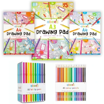 Image of abeec Ultimate Kids Art Bundle Includes 3 Drawing Pads, 40 Assorted Colouring Pencils, and 50 Felt Tip Pens Perfect for Arts, Crafts, Back to School Supplies