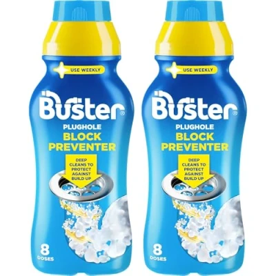 Image of Buster Block Preventer, 500ml, Pack of 2 Prevent Drain Blockages in Bathrooms and Kitchens, Deep Clean to Protect Against Build Up, Suitable For All Plughole types, Pipes Overflows