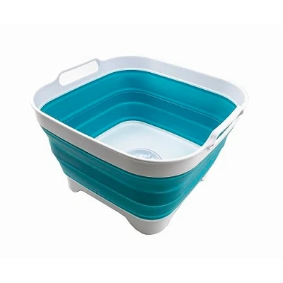 Image of SAMMART 10L Collapsible Dishpan with Draining Plug Foldable Washing Basin Portable Dish Tub Space Saving Kitchen Storage Tray (White/Ceramic Blue)