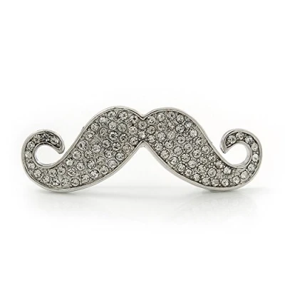 Image of Avalaya Quirky Clear Austrian Crystal Moustache Brooch in Rhodium Plating 50mm Length