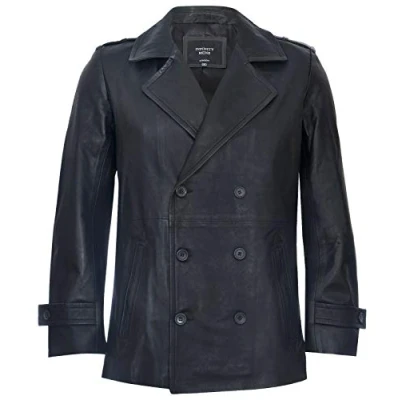 Image of Men&#039;s Black Pea Coat Leather Jacket Dr Who German Naval 2XL