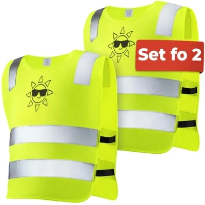 Image of Kids High Visibility Reflective Vest Set of 2 Yellow Universal Size 12 Years Jacket for Safety and Stay Visible Safe Tested EN 1150:1999 Certification