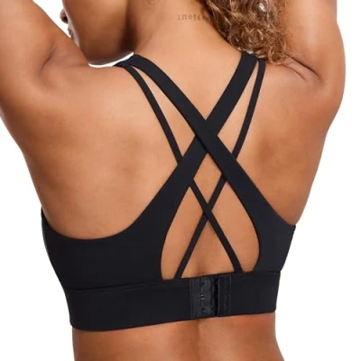 Image of SYROKAN Strappy Sports Bra High Impact Front Zip Wireless Bras Support Padded Criss Cross Back Gym Black 34B