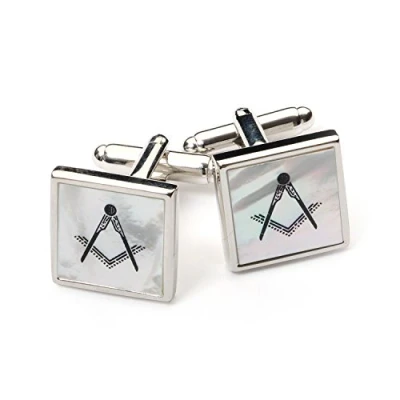 Image of The Masonic Collection Mother of Pearl Cufflinks for Men Silver Rhodium Plated Square and Compass Black Enamelled Comes in Luxury Velvet Pouch Quality Freemason Gifts