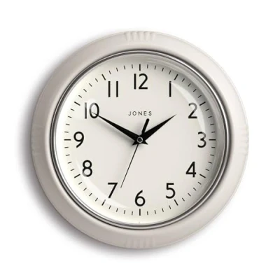 Image of Jones Clocks® Ketchup wall clock Retro round 25cm Very pale grey Easy to read numbers Perfect kitchen or office